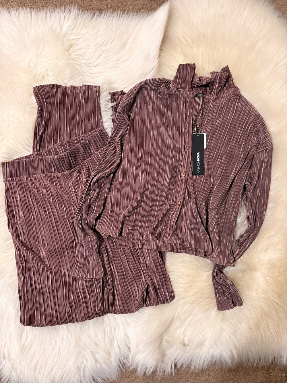 Fashion Nova Mauve Pleated Wide-Leg Jumpsuit Set
